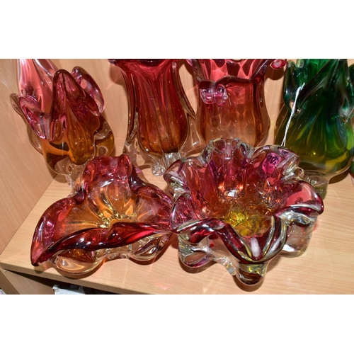 545 - SIX MURANO STYLE BOHEMIAN CASED GLASS VASES AND BOWLS, one clear green and yellow, the other five cl... 