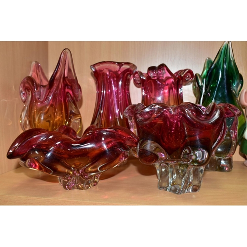 545 - SIX MURANO STYLE BOHEMIAN CASED GLASS VASES AND BOWLS, one clear green and yellow, the other five cl... 