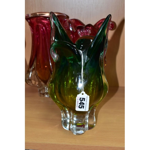 545 - SIX MURANO STYLE BOHEMIAN CASED GLASS VASES AND BOWLS, one clear green and yellow, the other five cl... 