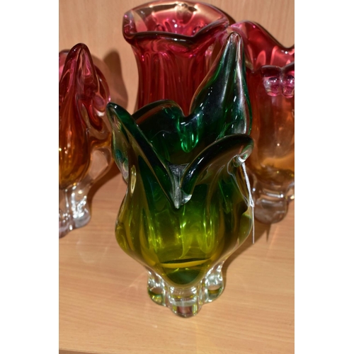 545 - SIX MURANO STYLE BOHEMIAN CASED GLASS VASES AND BOWLS, one clear green and yellow, the other five cl... 