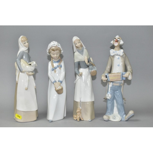 546 - TWO LLADRO FIGURES, A NAO FIGURE AND AN UNMARKED SPANISH PORCELAIN CLOWN, the Lladro comprises Girl ... 