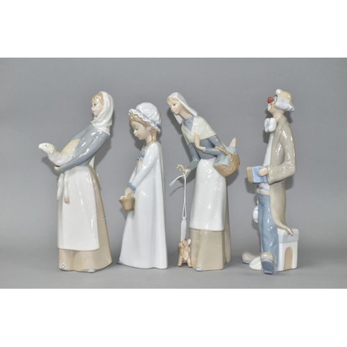 546 - TWO LLADRO FIGURES, A NAO FIGURE AND AN UNMARKED SPANISH PORCELAIN CLOWN, the Lladro comprises Girl ... 