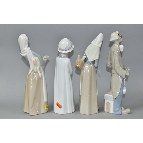 546 - TWO LLADRO FIGURES, A NAO FIGURE AND AN UNMARKED SPANISH PORCELAIN CLOWN, the Lladro comprises Girl ... 