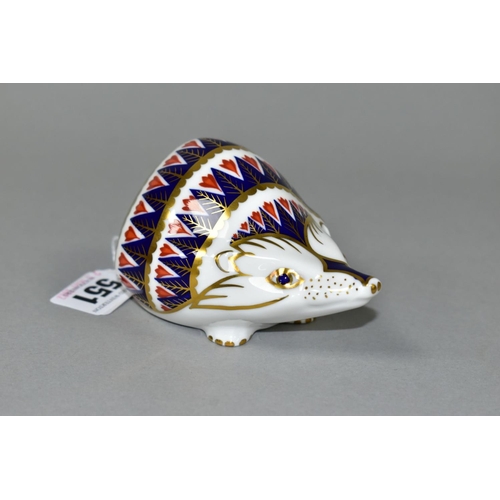 551 - A ROYAL CROWN DERBY HEDGEHOG PAPERWEIGHT, with red, blue and gold Imari pattern and long snout, havi... 