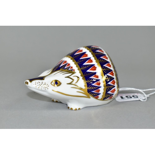 551 - A ROYAL CROWN DERBY HEDGEHOG PAPERWEIGHT, with red, blue and gold Imari pattern and long snout, havi... 