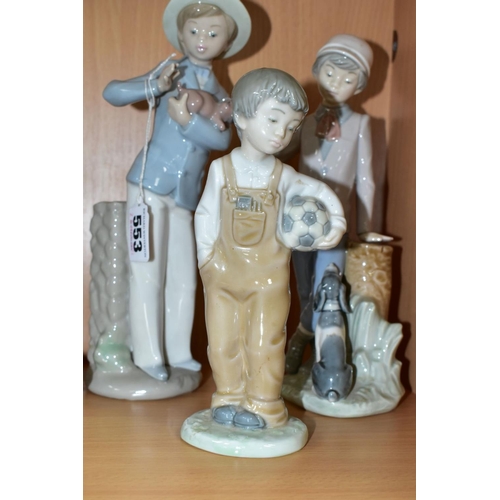 553 - FIVE NAO PORCELAIN FIGURINES, comprising a girl with a hoop, two children with puppies, a boy with a... 