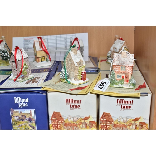 557 - EIGHTEEN BOXED CHRISTMAS THEMED LILLIPUT LANE SCULPTURES, comprising sixteen Christmas Annual Orname... 