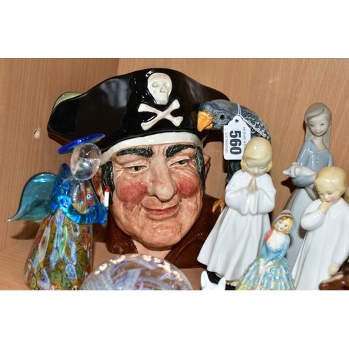 560 - A GROUP OF CERAMICS AND GLASSWARES, to include large Royal Doulton Long John Silver D6335 and Robin ... 