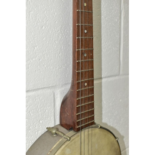 561 - A VINTAGE BANJO, open backed, with a metal body and mother of pearl inlaid neck, approximate length ... 