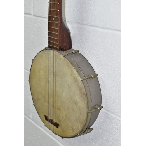 561 - A VINTAGE BANJO, open backed, with a metal body and mother of pearl inlaid neck, approximate length ... 