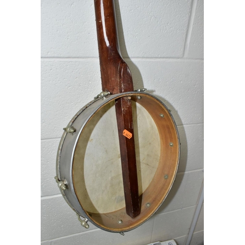 561 - A VINTAGE BANJO, open backed, with a metal body and mother of pearl inlaid neck, approximate length ... 