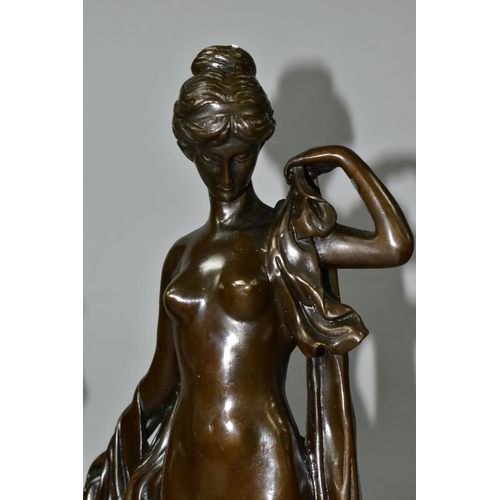 562 - TWO BOXED REPRODUCTION BRONZES OF FEMALE NUDES, one with a cherub, on marble style plinths, tallest ... 