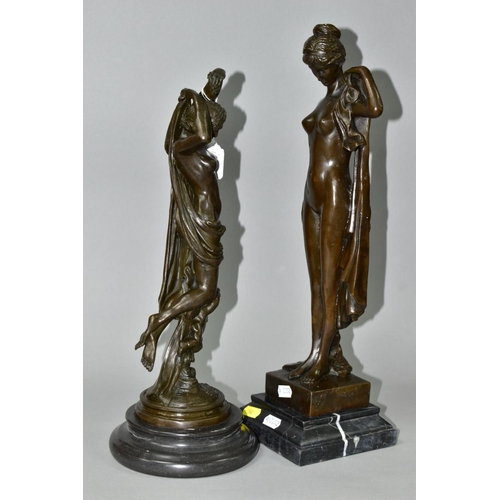 562 - TWO BOXED REPRODUCTION BRONZES OF FEMALE NUDES, one with a cherub, on marble style plinths, tallest ... 