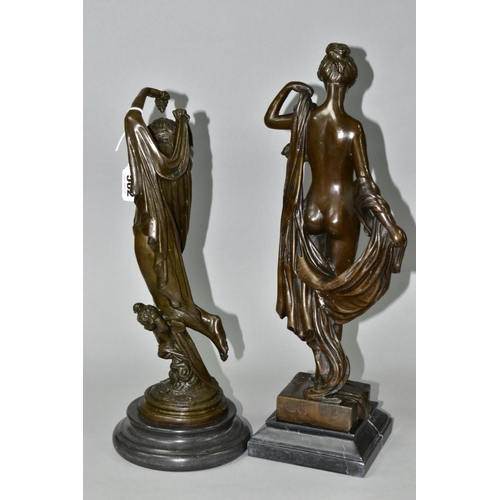 562 - TWO BOXED REPRODUCTION BRONZES OF FEMALE NUDES, one with a cherub, on marble style plinths, tallest ... 