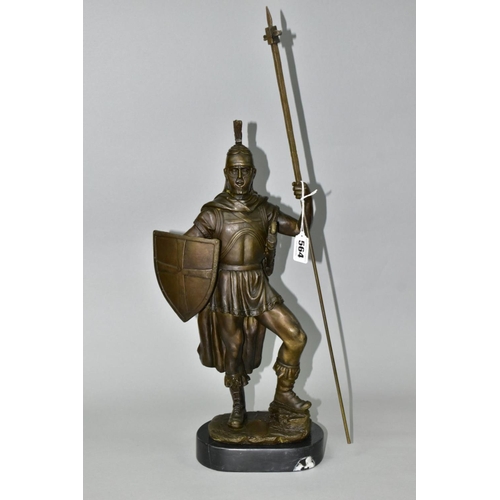 564 - A BOXED REPRODUCTION BRONZE OF A ROMAN CENTURION, on a marble style plinth, approximate height 56cm ... 