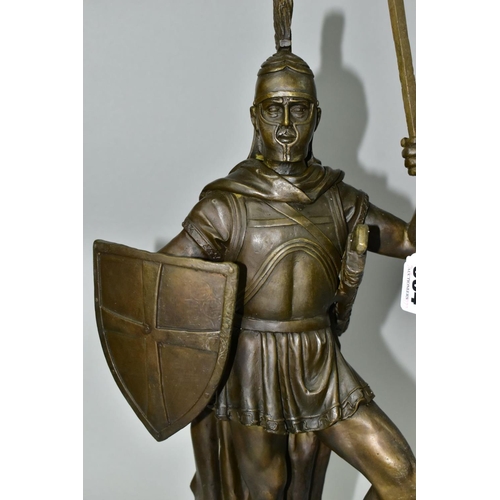 564 - A BOXED REPRODUCTION BRONZE OF A ROMAN CENTURION, on a marble style plinth, approximate height 56cm ... 