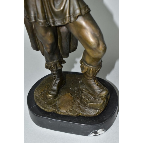 564 - A BOXED REPRODUCTION BRONZE OF A ROMAN CENTURION, on a marble style plinth, approximate height 56cm ... 