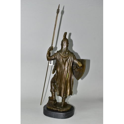 564 - A BOXED REPRODUCTION BRONZE OF A ROMAN CENTURION, on a marble style plinth, approximate height 56cm ... 