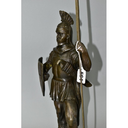 564 - A BOXED REPRODUCTION BRONZE OF A ROMAN CENTURION, on a marble style plinth, approximate height 56cm ... 