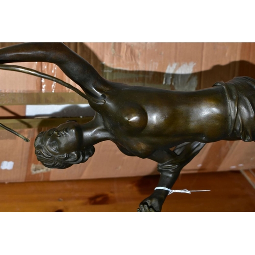 565 - A BOXED REPRODUCTION BRONZE OF DIANA THE HUNTER, with bow and hound, on a marble style plinth, appro... 