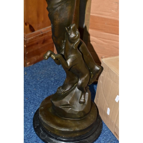 565 - A BOXED REPRODUCTION BRONZE OF DIANA THE HUNTER, with bow and hound, on a marble style plinth, appro... 