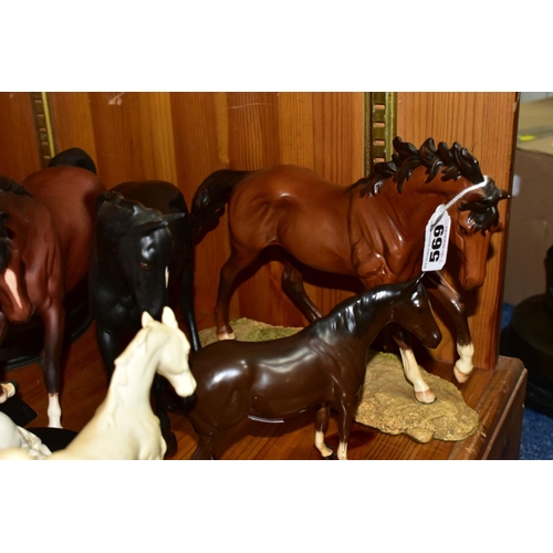 569 - ELEVEN BESWICK AND ROYAL DOULTON HORSE FIGURES, comprising Royal Doulton The Winner DA154B/2 on natu... 