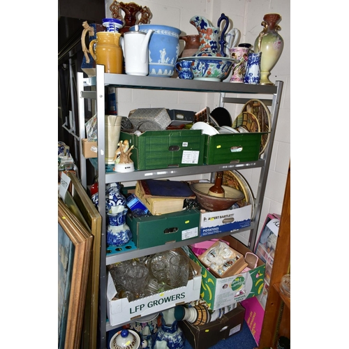 571 - EIGHT BOXES AND LOOSE CERAMICS, GLASS, PICTURES, RECORDS, STAMPS AND SUNDRY ITEMS, to include a set ... 