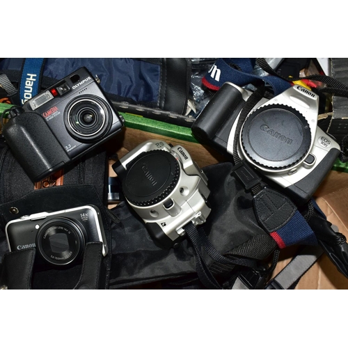 580 - TWO BOXES CONTAINING DIGITAL, FILM AND VIDEO CAMERAS AND EQUIPMENT including a Canon Ixus 220HS in b... 