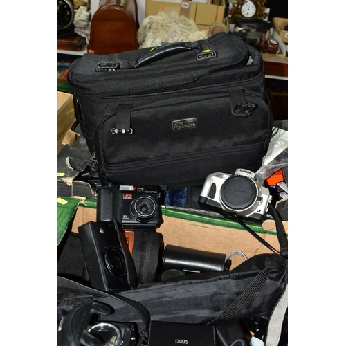 580 - TWO BOXES CONTAINING DIGITAL, FILM AND VIDEO CAMERAS AND EQUIPMENT including a Canon Ixus 220HS in b... 