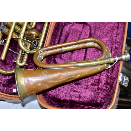 582 - A CASED LAFLEUR BRASS CORNET Serial No 658000 (brass is tarnished, one valve doesn't return and spit... 