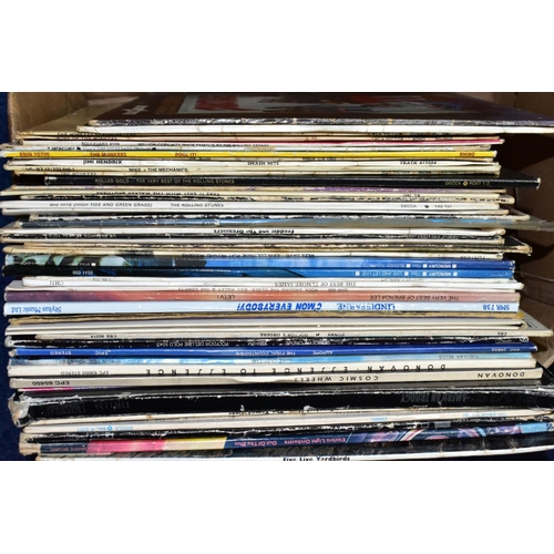 588 - A BOX CONTAINING APPROX FIFTY LPs OF MOSTLY ROCK MUSIC including The Yardbirds, The Rolling Stones, ... 