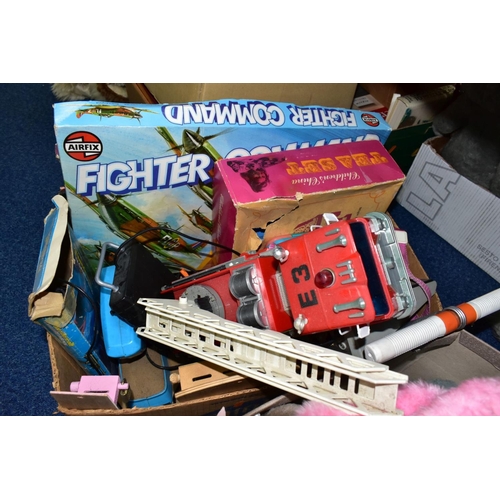 590 - THREE BOXES AND LOOSE TOYS AND GAMES, to include a Prinztronic Tournament, Colour Programmable 5000 ... 