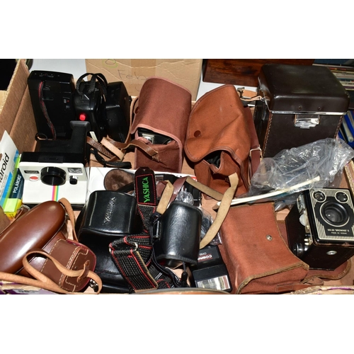 593 - A BOX OF VINTAGE PHOTOGRAPHIC EQUIPMENT ETC, to include a Yashica FXD Quartz 35mm SLR camera fitted ... 