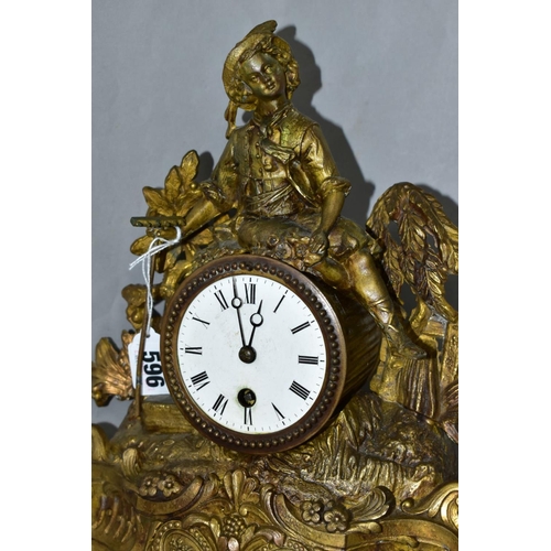 596 - A FRENCH SPELTER MANTLE CLOCK, the case surmounted by a harvester holding a rake, the white dial hav... 