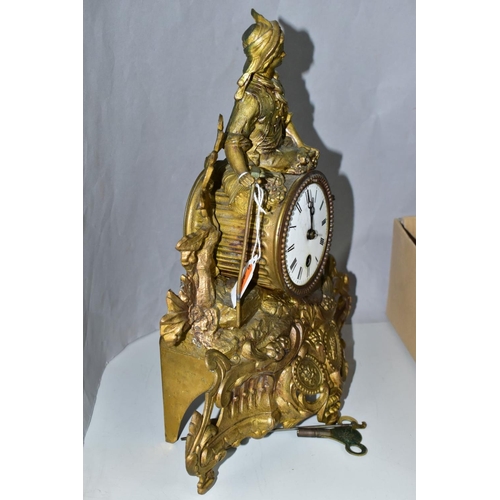 596 - A FRENCH SPELTER MANTLE CLOCK, the case surmounted by a harvester holding a rake, the white dial hav... 