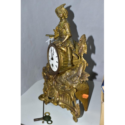 596 - A FRENCH SPELTER MANTLE CLOCK, the case surmounted by a harvester holding a rake, the white dial hav... 