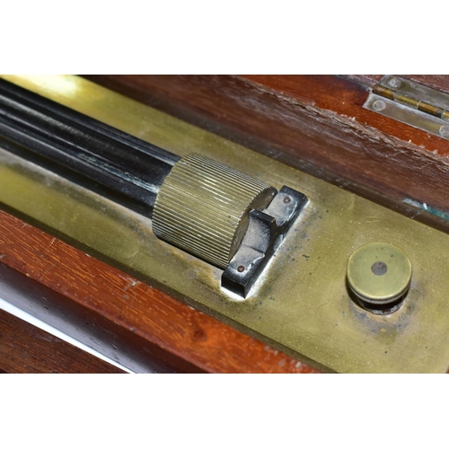 598 - A LATE 19TH CENTURY MAHOGANY CASED BRASS AND BLACK LACQUERED PARALLEL ROLLING RULE, stamped 'R. BAIL... 