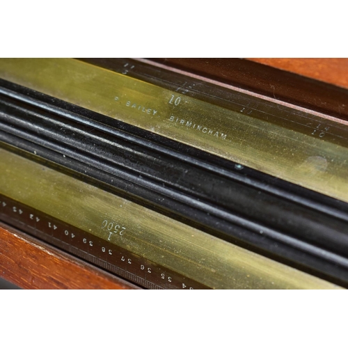 598 - A LATE 19TH CENTURY MAHOGANY CASED BRASS AND BLACK LACQUERED PARALLEL ROLLING RULE, stamped 'R. BAIL... 