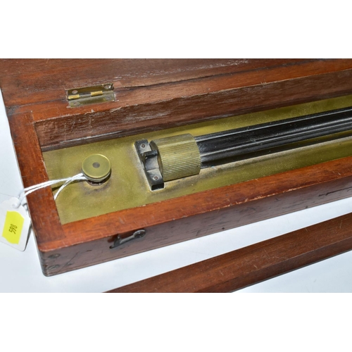 598 - A LATE 19TH CENTURY MAHOGANY CASED BRASS AND BLACK LACQUERED PARALLEL ROLLING RULE, stamped 'R. BAIL... 