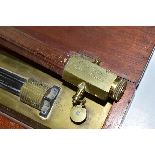 598 - A LATE 19TH CENTURY MAHOGANY CASED BRASS AND BLACK LACQUERED PARALLEL ROLLING RULE, stamped 'R. BAIL... 