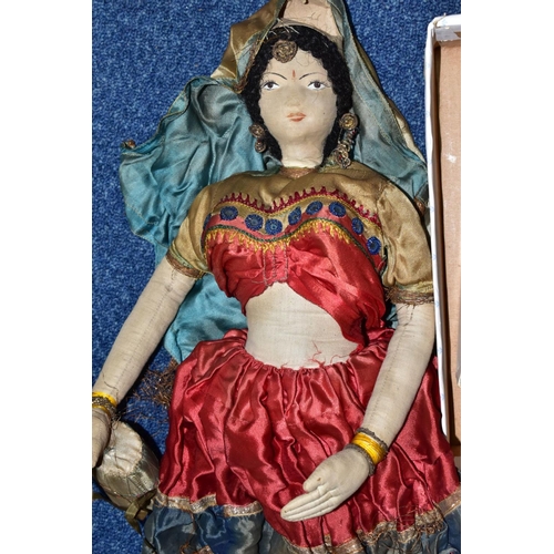 604 - VINTAGE DOLLS AND SOFT TOYS, comprising a cloth doll of a belly dancer wearing traditional dress, ap... 