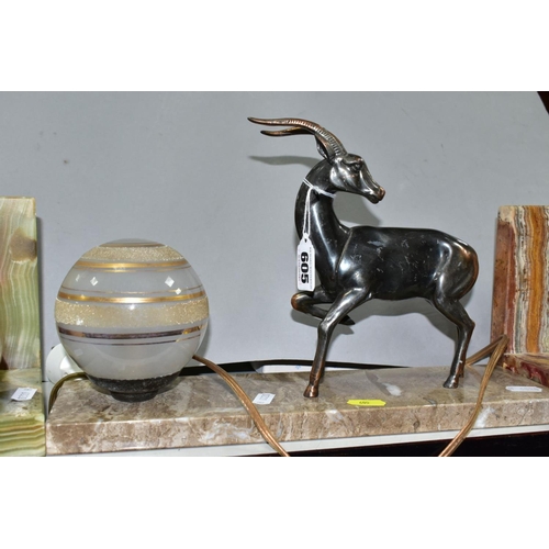 605 - AN ART DECO MARBLE DESK LAMP WITH SPELTER ANTELOPE SCULPTURE, approximate length 35cm, a pair of ony... 