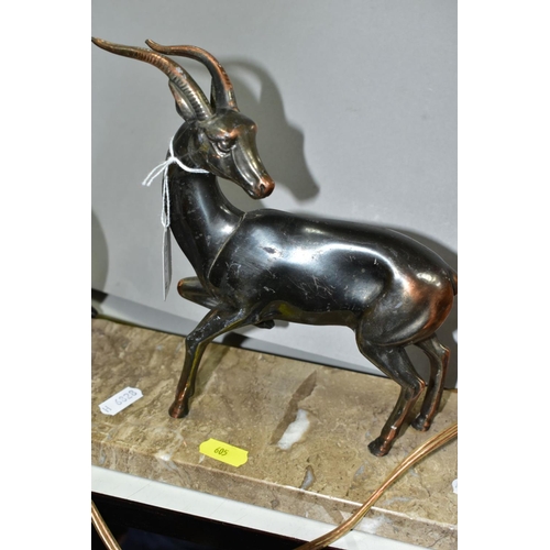 605 - AN ART DECO MARBLE DESK LAMP WITH SPELTER ANTELOPE SCULPTURE, approximate length 35cm, a pair of ony... 