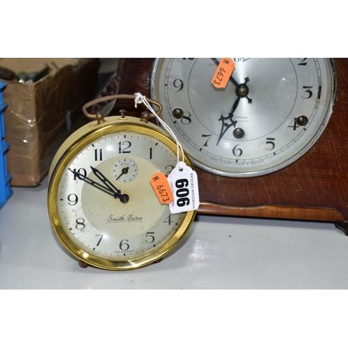 606 - THREE VINTAGE WOOD CASED MANTLE CLOCKS, comprising an Anvil clock retailed by H. Samuel, a Smiths cl... 