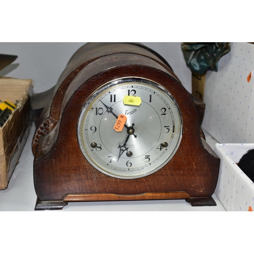 606 - THREE VINTAGE WOOD CASED MANTLE CLOCKS, comprising an Anvil clock retailed by H. Samuel, a Smiths cl... 