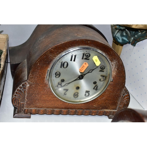 606 - THREE VINTAGE WOOD CASED MANTLE CLOCKS, comprising an Anvil clock retailed by H. Samuel, a Smiths cl... 