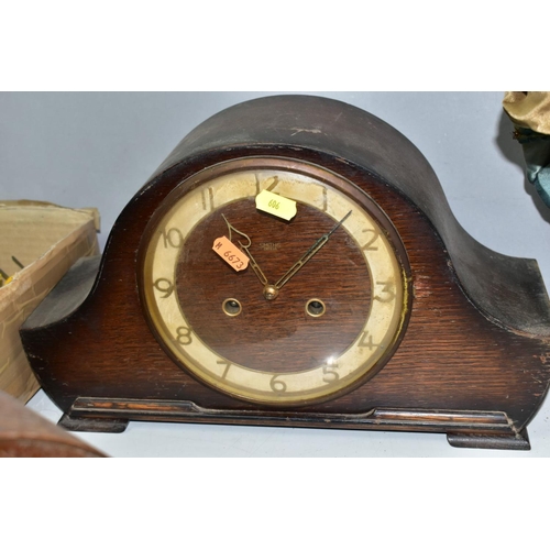 606 - THREE VINTAGE WOOD CASED MANTLE CLOCKS, comprising an Anvil clock retailed by H. Samuel, a Smiths cl... 