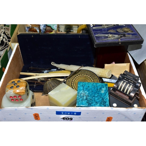 609 - THREE BOXES OF COLLECTIBLE ITEMS ETC, to include a small box of microscope slides, cased drawing ins... 