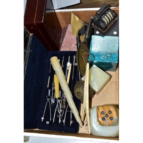 609 - THREE BOXES OF COLLECTIBLE ITEMS ETC, to include a small box of microscope slides, cased drawing ins... 