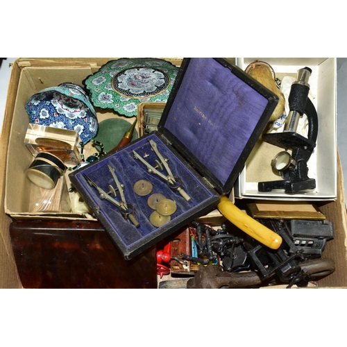 609 - THREE BOXES OF COLLECTIBLE ITEMS ETC, to include a small box of microscope slides, cased drawing ins... 